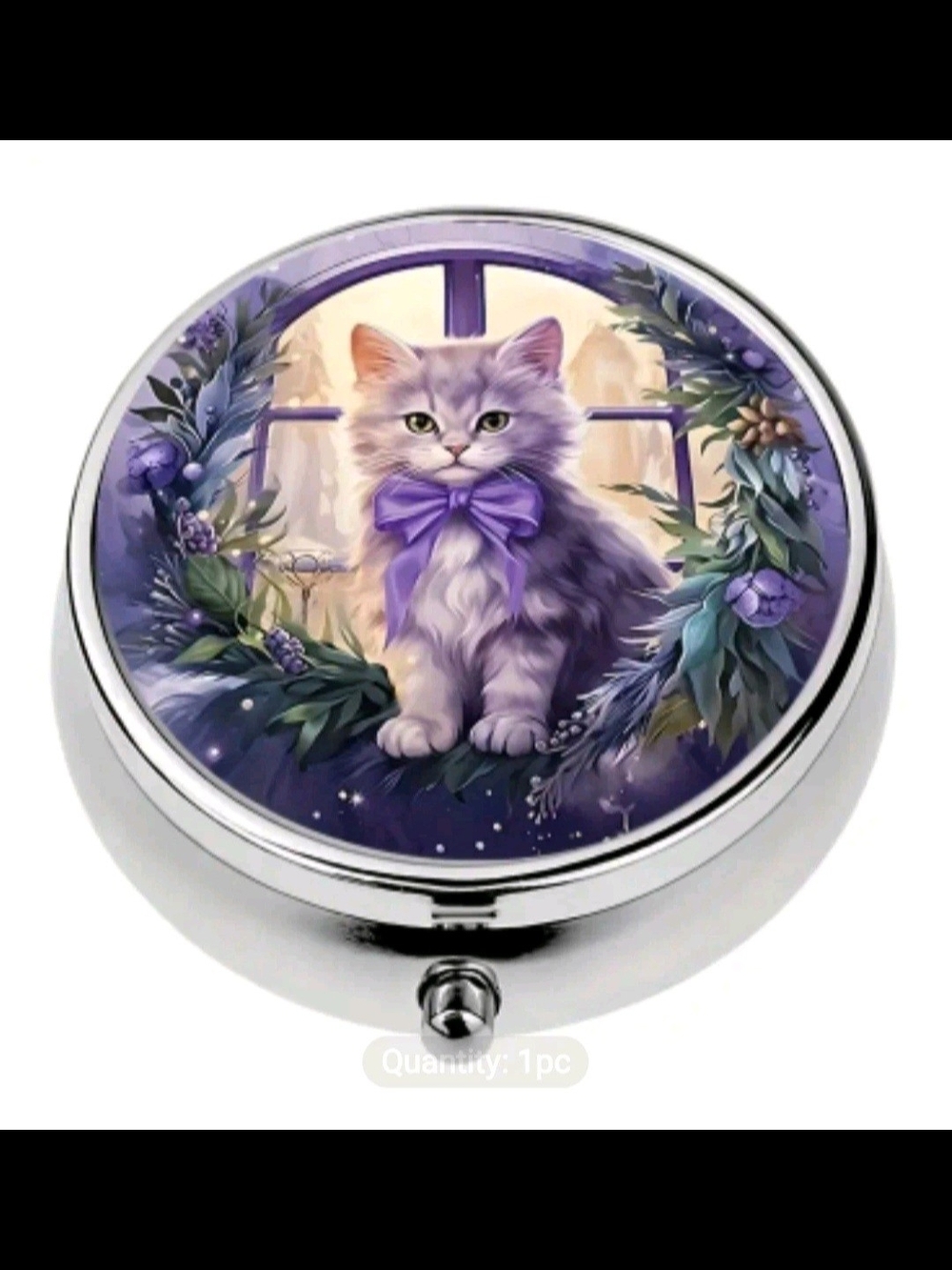 Elegant Kitten W/Purple Bow & Lavender Personal Pill Box W/3 Compartments/Mirror